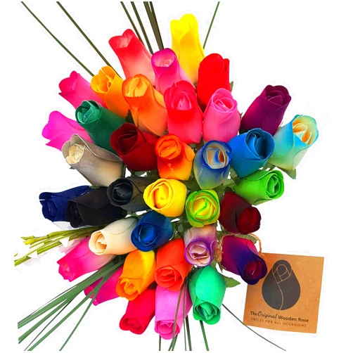 The Original Wooden Rose Assorted Colors Wooden Rose Closed Bud Bouquets 3 Dozen