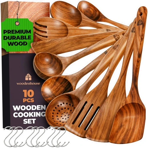 Woodenhouse Wooden Spoons for Cooking – 10 Pcs Premium Teak Wooden Utensil Set with Hooks - Durable, Nonstick Safe, Easy to Clean & Heat Resistant with Ergonomic Handles
