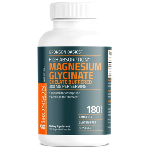 Bronson Magnesium Glycinate 200mg High Absorption Chelated Buffered Gentle On The Stomach Non-GMO, 180 Vegetarian Capsules