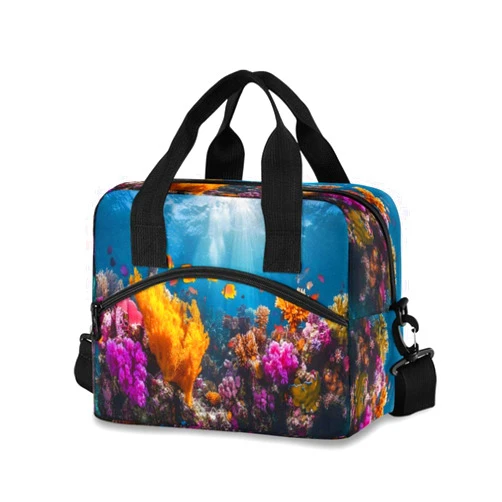 FLildon Reusable Lunch Bag Sea Coral Underwater Insulated Lunch Box Cooler Tote Removable Shoulder Strap Meal Picnic Bags for Outdoor Travel Office Work