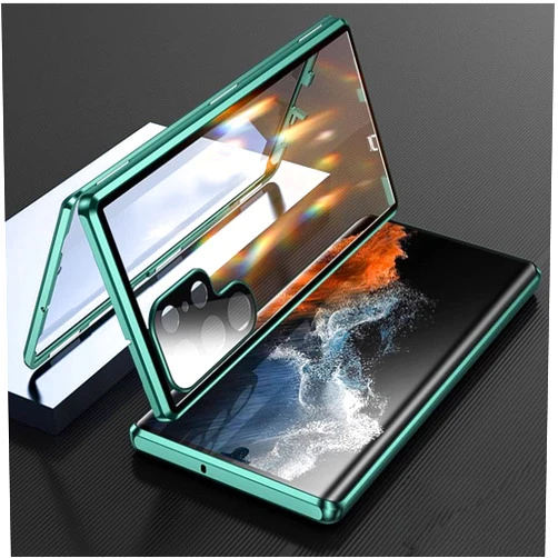 GOOVEN Lockable Galaxy S23 Ultra Case Safety Lock + Magnet Adsorption 360° Double Sided HD Tempered Glass Shockproof Metal Bumper Camera Lens Protector (Galaxy S23 Ultra, Green)