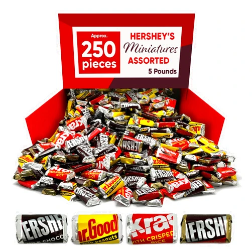 CHAIN & JO SWEETS Hershys Miniatures Assorted Chocolate Candy - 5 Pounds, Approx 250 Individually Wrapped Bars, Hershys Dark Chocolate, Milk Chocolate, Krackel with Crisped Rice, Mr. Goodbars With Peanuts , Snacks Variety Pack for Adults, Bulk Candy Gifts