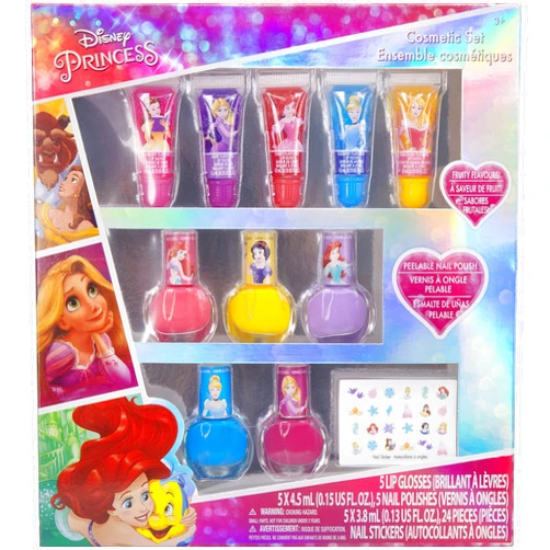 Townley Girl Disney Princess Sparkly Cosmetic Makeup Set for Girls with Lip Gloss Nail Polish Nail Stickers - 11 Pcs|Perfect for Parties Sleepovers Makeovers Birthday Gift for Girls 3+