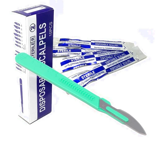 HIGH TECH INSTRUMENTS Box of 10 Disposable Surgical Sterile Scalpel Blades #24 Made of Carbon Steel with Sturdy Graduated Plastic Handle for Lab Students, Cutting, Carving, Repairing, Dermaplaning + More