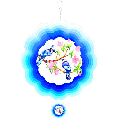 OMCCHK Wind Spinner Hanging Blue Jay, 3D Bird Metal Yard Spinners with Flower Design, 12in Spinning Wind Art Garden Ornaments, Large Stainless Steel Blue Spinfinity Outdoor Decor, Kinetic Wind Catcher Gifts