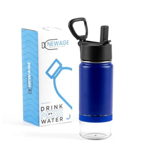 NEWAGE WATER BOTTLE Storage (Blue) 12oz (Stainless Steel, Straw Lid, Leak-Proof, Extra Compartment, Insulated, Powder Coated, Durable Carry Handle) Men, Women, & Kids