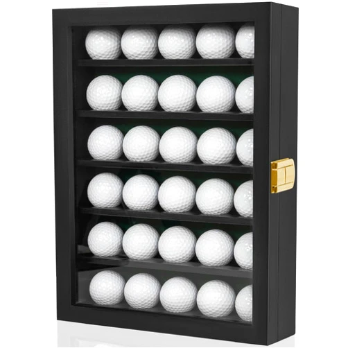 WELIDAY Golf Ball Display Case, Solid Wood Golf Ball Holder, Wall Mounted Golf Ball Rack with Acrylic Door for Golf Enthusiasts (Black, for 30 Golf Balls)
