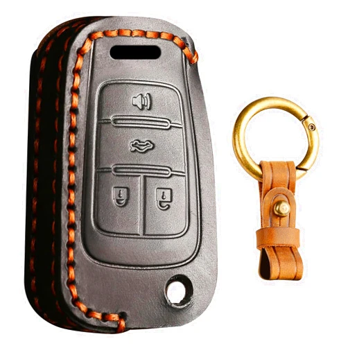 KUNIO Cowhide Leather Car Key Fob Cover Fit for Buick Encore Chevy Camaro Equinox Impala Sonic Trax GMC Terrain Key Protective Cover Keychain Flip Key Holder 4 Button Black