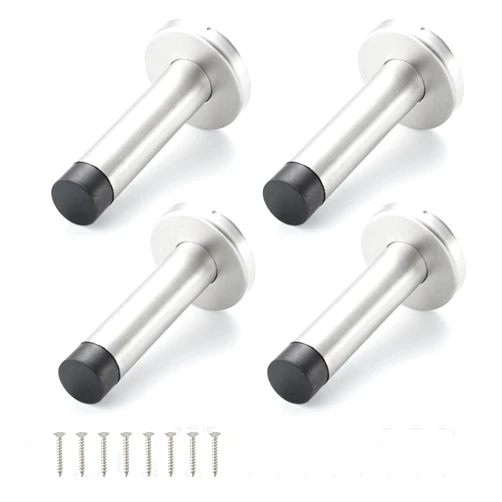 HOME MASTER HARDWARE 3.5 Inch Door Stops, Heavy Duty 304 Stainless Steel Door Stopper with Rubber Tip Bumper, Wall Door Sound Dampening, Satin Nickel, 4 Pack