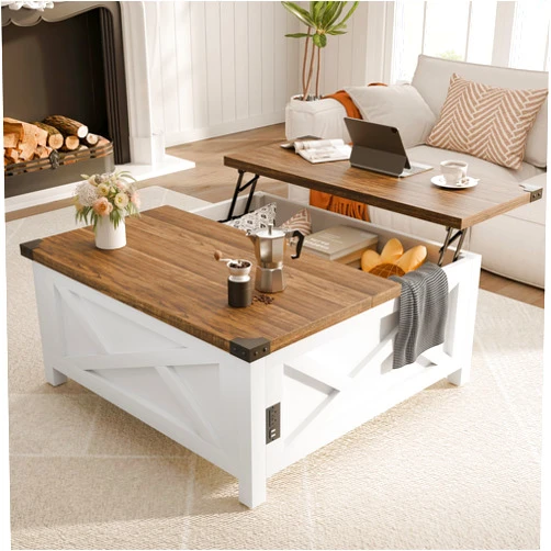 MU Lift Top Coffee Table, Square Coffee Table with Hidden Storage, Farmhouse Wood Coffee Table with Charging Station and Barn Door for Living Room, White