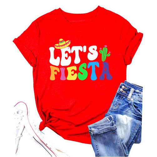 YI XIANG RAN Cinco De Mayo Shirt Women: Let's Fiesta Shirt Mexican Party T-Shirt Graphic Tee Funny Letter Print Tops