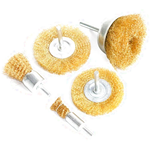 FPPO 5pcs Brass Wire Wheel Brush Kit for Drill,Crimped Cup Brush with 1/4-Inch Shank ,0.13mm True Brass Wire,Soft Enough to Cleaning or Deburring with Less Scrach