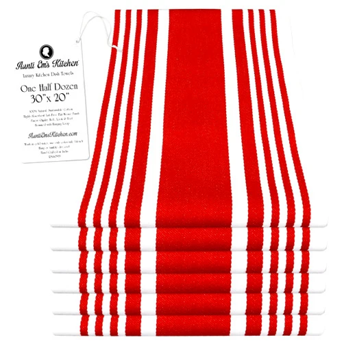 Aunti Em's Kitchen Designer Hand and Kitchen Dish Towels Woven from 100% Responsibly-Farmed, Thick, Luxurious Cotton, Oversized 20 x 30 inches, One Half Dozen, Wine Stripe