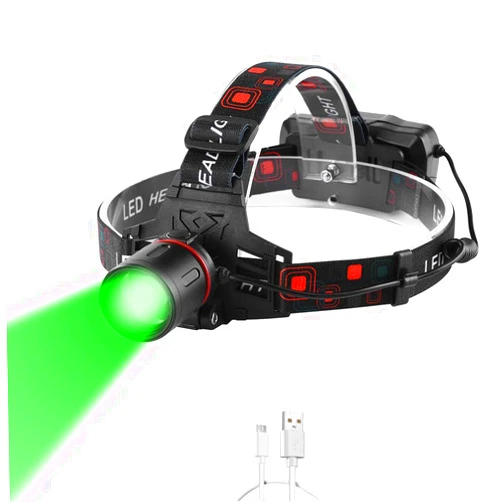 PROFORUS Headlamp Green Light for Hunting Coon Coyotes Hog Predator, PROFORUS 1000 Lumens XML-T6 Headlamp Green LED Rechargeable & Zoomable Green Head Light Waterproof 3 Modes for Night Vision and Hunting