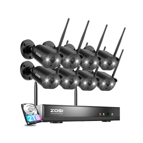 ZOSI 8CH 2K Wireless Security Camera System Outdoor Indoor, 8 X 3MP WiFi IP Camera with Color Night Vision, Plug-in, Spotlight, 2-Way Talk, Light & Siren Alarm, 2TB HDD for 24/7 Recording