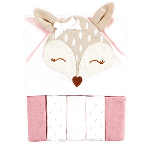 Hudson Baby Unisex Baby Hooded Towel and Five Washcloths, Fawn, One Size