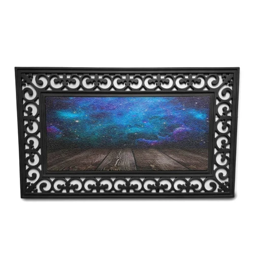 Ambesonne Galaxy Doormat, Outer Space View from Rustic Wooden Deck Blue Nebula Star Night, Rectangle Entryway Welcome Mat for Front Door & Backyard, 17.3