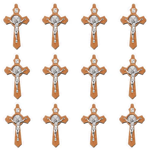 WenRity 10Pcs Small Solid Wooden Cross Charm Cruz De Madera Palm Crosses Religious Saint Benedict INRI Crucifix Pendant for DIY Rosary Necklace Jewelry Making Supplies