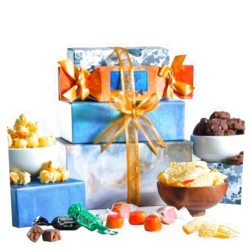 Broadway Basketeers Chocolate Food Gift Basket Tower Snack Gifts for Christmas Holiday Women, Men, Families, College, Delivery for Appreciation, Thank You, Get Well, Congratulations