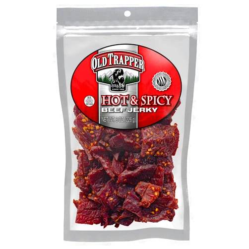 Old Trapper Beef Jerky, Hot & Spicy 8 Ounce Individual Pack, Tender and Spicy Meat Snacks for Lunches or Between Meals, 11 Grams of Protein and 70 Calories per Serving (Pack of One)