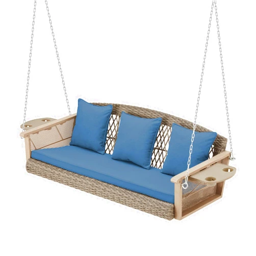 HOMREST 3-Person Porch Swing 55in Wicker Hanging Swing Bench with Cushions Cupholders Swing Chair with Chains 800lbs Capacity for Deck Garden Backyard