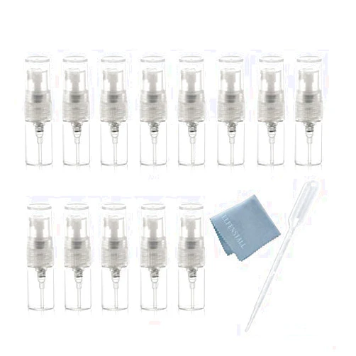 Elfenstall- 10pcs Mini Clear 2ml 5/8 Dram Fine Mist Atomizer Vial Glass Bottle Spray Refillable Perfume Empty Sample Bottle Clean Cloth for Travel Party Free 3ML Dropper