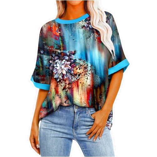 AMXYFBK Shirts for Women Short Sleeve Round Floral Printed Plus Sized Tees Shirts 2024 Summer Trendy Loose Tunic Blouse