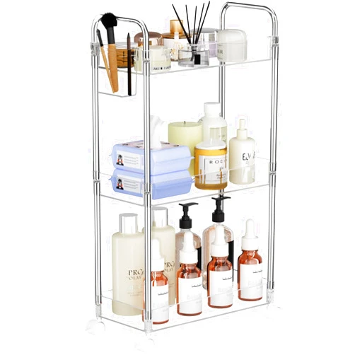 SPACEKEEPER 3 Tier Acrylic Storage Rolling Cart Clear Bathroom Cart Organizer, Transparency Laundry Room Organization Mobile Shelving Unit Multifunction Rolling Utility Cart for Office Living Room