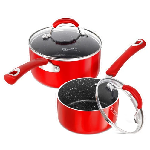 MICHELANGELO Sauce Pan Sets, 1 Qt and 2 Qt Saucepans with Lids, Enameled Sauce Pan with lid, Small Pot with Lid, Non-Stick Saucepan Set, Sauce Pot with Silicone Handle, Oven Safe, Red