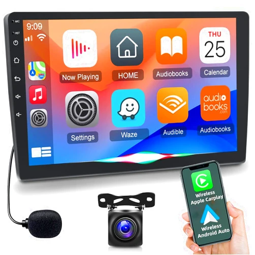NHOPEEW 10.1 inch Android 13 Car Stereo Double Din - Apple Carplay and Android Auto - [1+32G] Touch Screen Radio - WiFi GPS Navigation Hi-Fi Audio + AHD Backup Camera and Mic