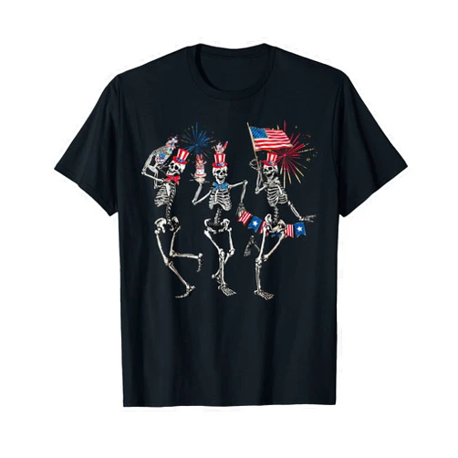 Bigfoot 4th of July Tee Gifts Dancing Skeleton US Flag 4th Of July Fireworks Patriotic T-Shirt