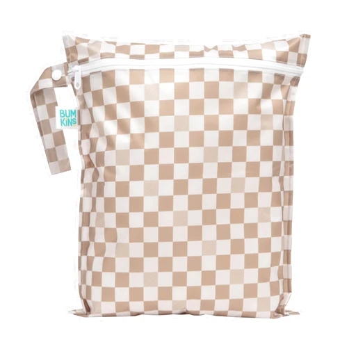 Bumkins Waterproof Wet Bag for Baby, Travel, Swim Suit, Cloth Diapers, Pump Parts, Pool, Beach, Gym Clothes, Toiletry, Hook to Stroller, Daycare, Zipper Reusable Wetdry Packing Pouch, Beige Check