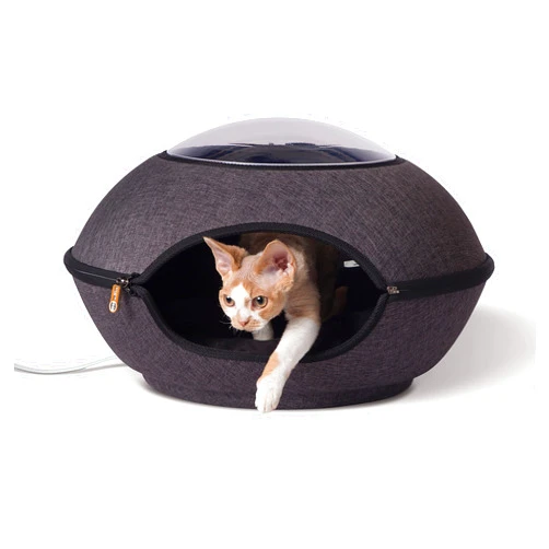 K&H Pet Products Thermo Lookout Pod Heated Cat Bed for Indoor Cats or Small Dogs, Covered Warming Bed Cave for Large Kitties, Washable Cushion, Collapsible, Safety Listed - Round 22in Classy Gray 4W