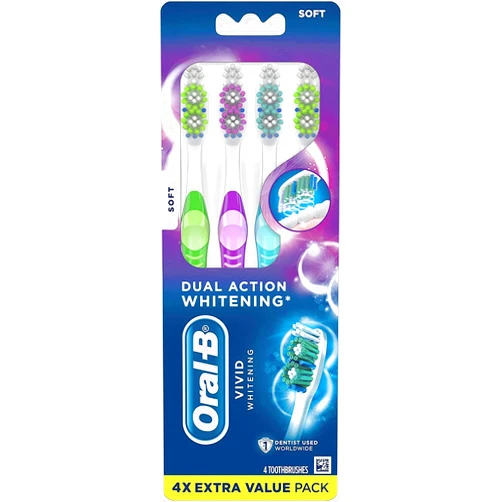 Oral-B Vivid Dual Action Whitening Toothbrushes, Soft, 4 Count (Packaging and Product Color May Vary)