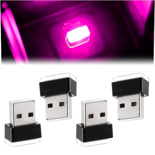 USTOPF1T 4 PCS USB LED Car Interior Ambient Light, Mini Car Interior Ambient Light, Plug-In USB Connector, Car Interior Accessories (Pink)