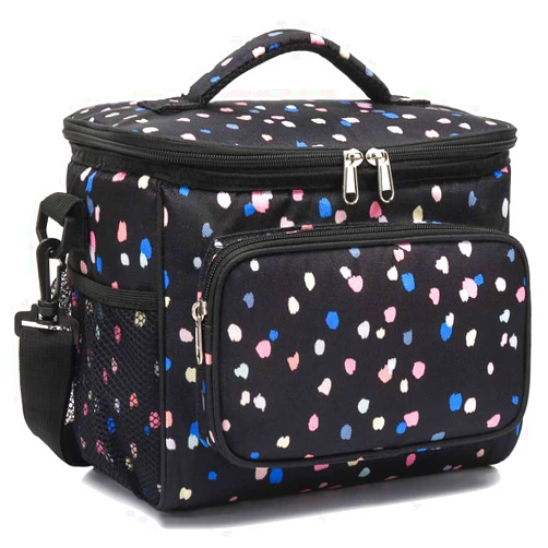 FlowFly Insulated Reusable Lunch Bag Adult Large Lunch Box for Women and Men with Adjustable Shoulder Strap,Front Zipper Pocket and Dual Large Mesh Side Pockets,BlackFlower