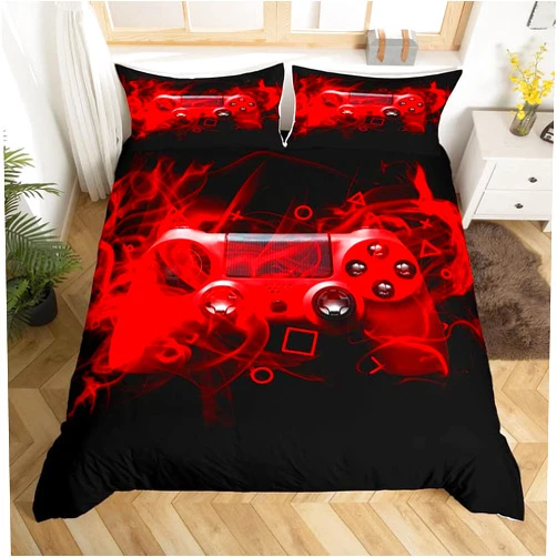 Feelyou Kids Gaming Duvet Cover Set Twin Size Gamer Bedroom Decor For Boys Girls Teens Video Game Controller Bedding Set Youth Game Console Comforter Cover Red Black Geometry With 1 Pillow Case Zipper