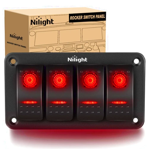 Nilight 4 Gang Rocker Switch Panel 5Pin On Off Toggle Aluminum Holder 12V 24V Dash Pre-Wired Red Backlit Switches for Automotive Cars Marine Boats RVs Truck