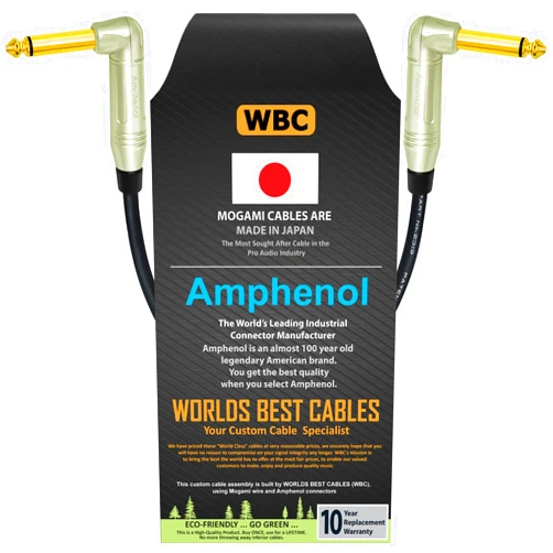 WORLDS BEST CABLES 30 Inch – Pedal, Effects, Patch, instrument cable CUSTOM MADE using Mogami 2319 wire & Amphenol ACPM-RN-AU M-Series Angled Gold TS Plugs