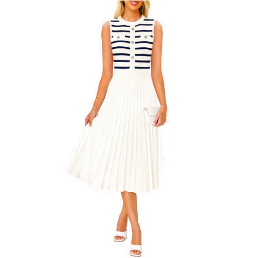 ZESICA Women's Sleeveless Striped Midi Dress Summer Crewneck Button Knit Swing Pleated A Line Casual Dresses