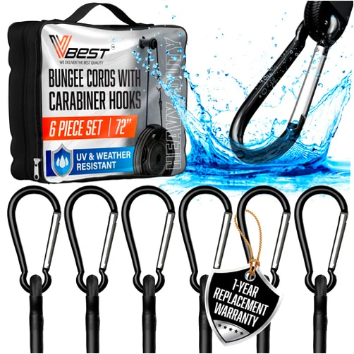 Vbest Extra Long Bungee Cords with Carabiner Hooks - Heavy Duty Outdoor Black Bungie Cords Set of 6 Pieces 72 Inch
