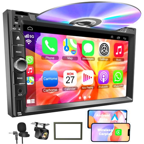 Adapter-Universe Double Din Car Stereo with CD/DVD Player, 7-Inch Touch Screen, Bluetooth 5.1, CarPlay/Android Auto, Backup Camera, USB/TF Card Slots, FM Radio, AUX Input