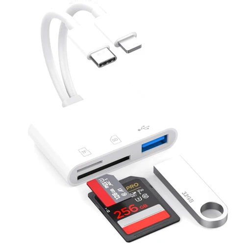 Aplimln SD Card Reader for iPhone iPad Mac, Lightning & USB-C Dual Connectors Memory Card Reader with SD/Micro SD/USB-A 3 Slots, Digital Camera Adapter to iPhone, Plug & Play