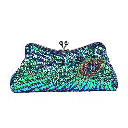 CHICUIQY Women Peacock Evening Clutch Purse Sequins Beaded Evening Bag Kiss Lock for Cocktail Wedding Prom Party