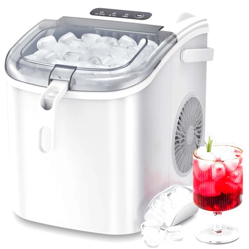 ZAFRO Ice Maker Countertop, Portable Ice Machine with Carry Handle, Self-Cleaning Ice Makers with Basket and Scoop, 9 Cubes in 6 Mins, 26 lbs per Day, Suitable for Kitchen, Camping, Party （White）