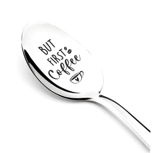 Ptzizi Funny But First Coffee Engraved Stainless Steel Espresso Coffee Spoon for Friends Men Women Birthday Thanksgiving Christmas Coffee Lovers Gifts, Silver, 1.3x7