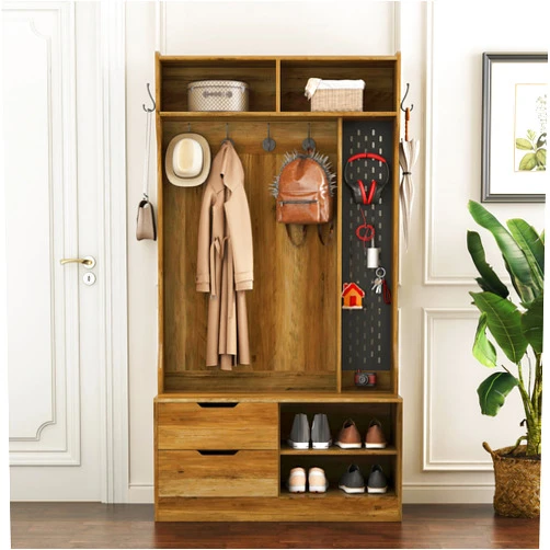Generic Adjustable Hall Tree with Storage Bench - Entryway Organizer with 4 Hooks & Cubbies - Sturdy MDF Coat Hanger for Entrance & Hallway - Brown