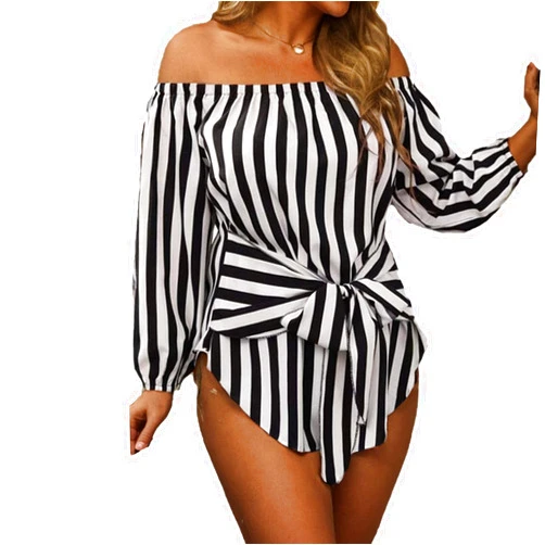 SHOLIFAS Women Striped Bow Knot Front Blouse Off Shoulder Long Sleeve Casual Top