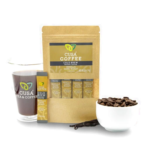 Cusa Tea & Coffee | Premium Instant Vanilla Dark Roast | Rainforest Alliance Certified Arabica Beans | Hot or Cold Brew Drink Mix Packets (7 Single Servings)
