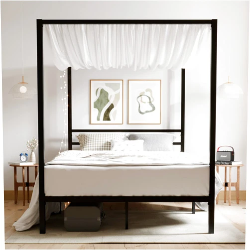 ikalido Full Size Metal Canopy Bed Frame, Modern Four-Poster Platform Bed Frame, Mattress Foundation, Under-Bed Storage Space, No Box Spring Needed, Black